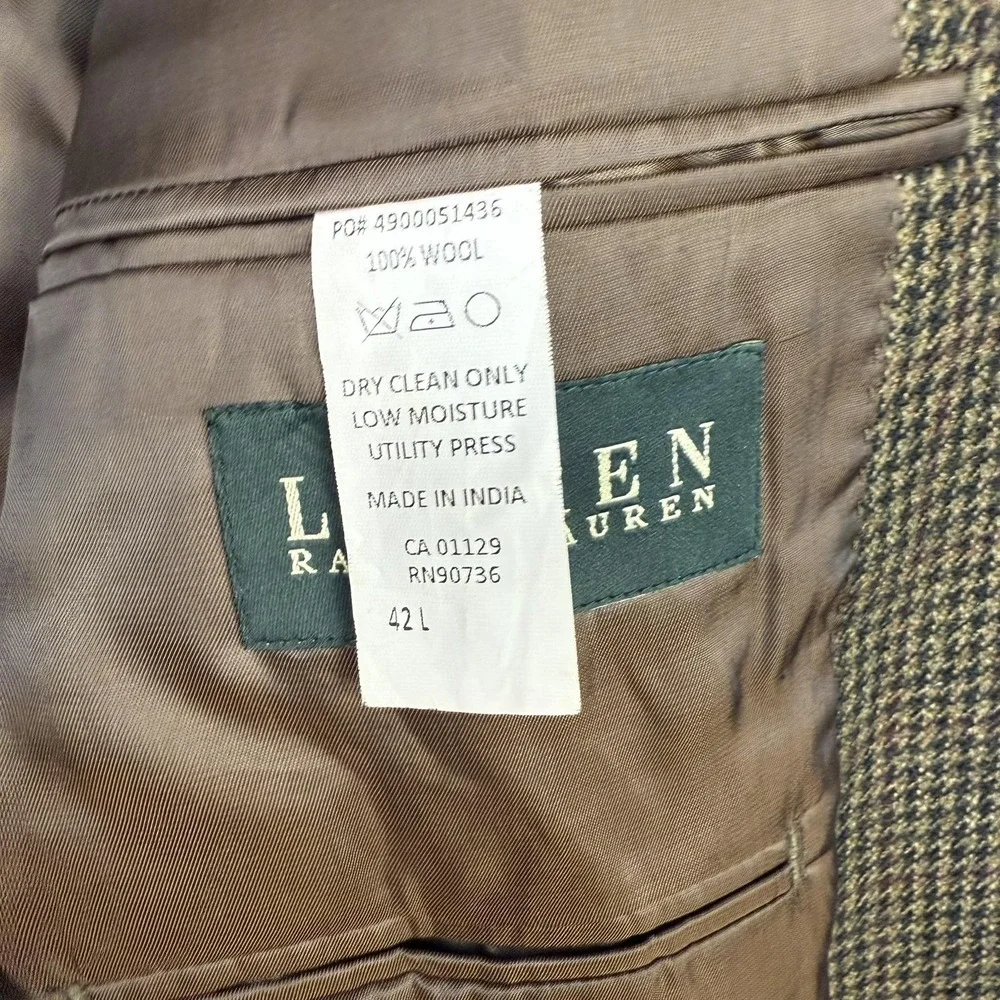 Lauren Ralph Lauren Blazer‎ Mens 42L Brown Houndstooth Wool Two Button Jacket